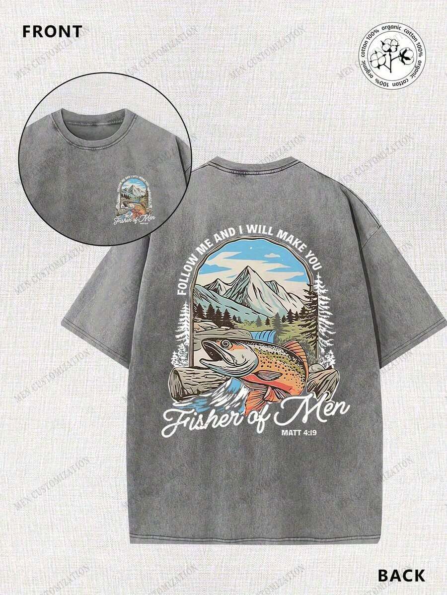 The Gospel Of Matthew, Fishing, Fisherman, Religion, 100% Cotton T-Shirt With Vintage Batik Print, Double-Sided Wash, 230g, Comfortable To Wear In Summer, Simple And Casual, Short-Sleeved T-Shirt For Men. - 灰色 - 查看 1