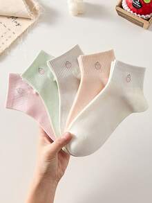 5双装女士可爱草莓图案短袜，甜美船袜，时尚校园风，舒适透气，适合日常、运动、休闲等各种场合，四季皆宜，颜色随机 - 彩色 - 查看 11