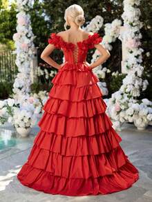 Off Shoulder Prom Gown With Puffy Hem Long Elaborate Puffy Shoulder Evening Gown For Women Lace Up Back High Split Ball Gown Homecoming Dress For Teen - Red - View 2