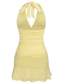 新款夏季欧美风女式修身露背系带深V领性感露背褶皱开衩修身连衣裙 - 黃色# - 查看 3