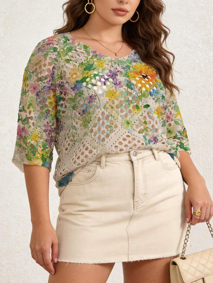 ASHKATIA Cubrecuerpo de punto para mujer talla grande, estilo bohemio, cubrecuerpo de playa de verano, manga 3/4, estampado floral retro para vacaciones de primavera - Multicolor - Ver 1