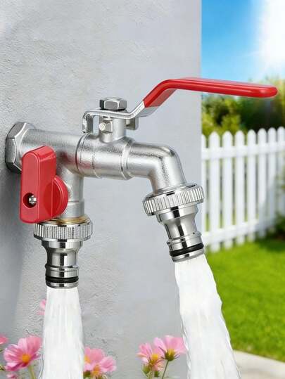经典锌合金花园水龙头，双出水口户外花园水龙头，304不锈钢结构，单孔安装，G1/2通用螺纹连接，兼容洒水器和喷枪，时尚金属表面处理，适用于美国和欧洲软管接头，适用于花园、农场、洗车、浇水和草坪护理，户外庭院灌溉工具，现代庭院必备配件，馈赠亲朋好友的惊喜礼物