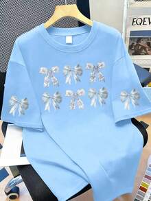 大尺碼女款休閒蝴蝶結印花圓領T恤，短袖，適合海灘度假、日常穿著、外出、旅行、海灘、派對，女款夏季 - 淺藍色 - 查看 1