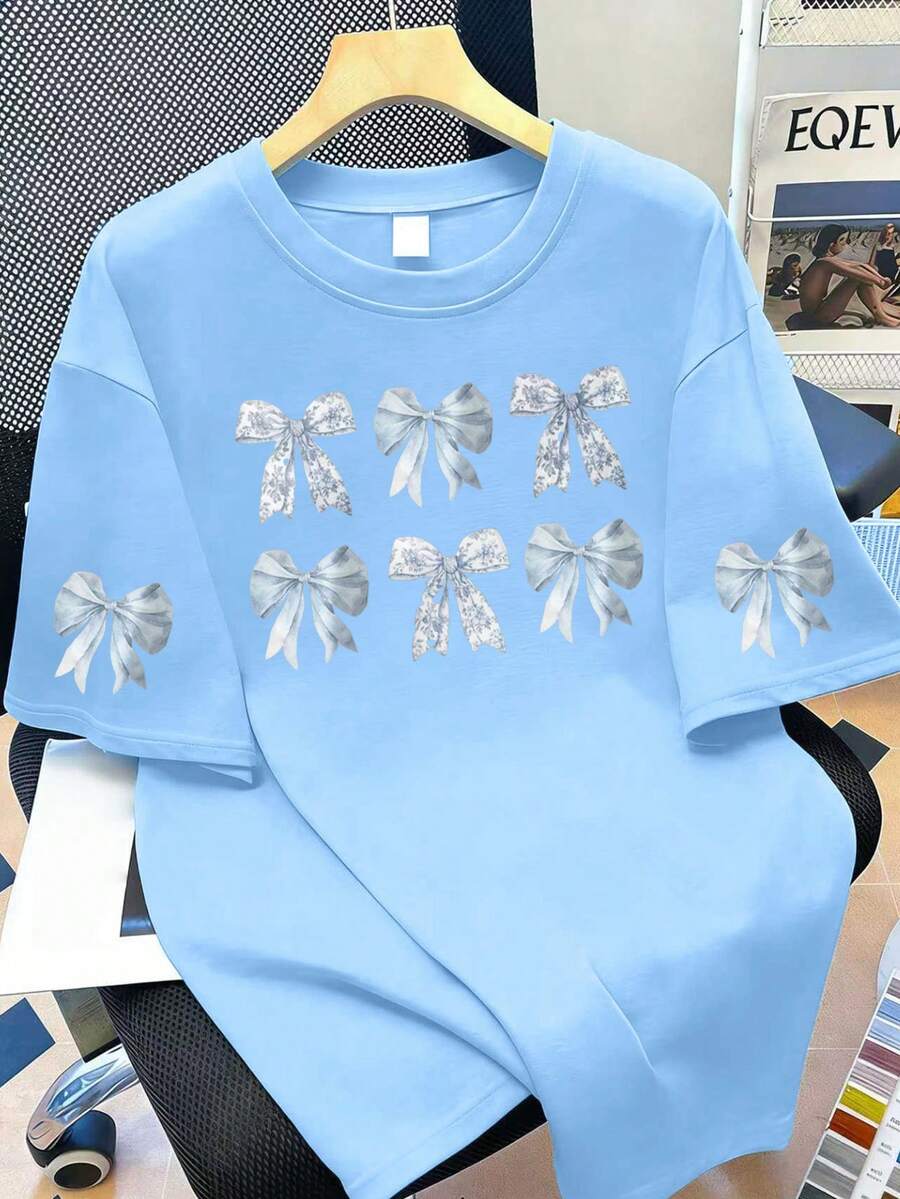 大尺碼女款休閒蝴蝶結印花圓領T恤,短袖,適合海灘度假、日常穿著、外出、旅行、海灘、派對,女款夏季 - 淺藍色 - 查看 1