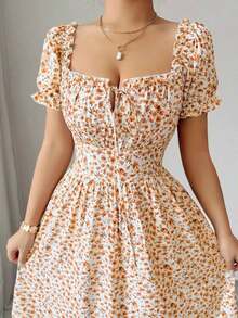 Nuevo vestido largo elegante de mujer con estampado digital, manga corta de globo, nudo delantero, espalda descubierta, cintura ceñida, favorecedora y elegante para vacaciones y citas - Azul - Ver 11