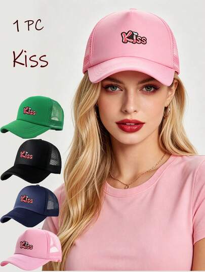 1顶女士个性化“Kiss”字母网眼棒球帽，轻便透气户外遮阳帽，可调节户外防晒帽，男女通用简约透气网眼帽，适合户外运动、街头服饰和日常穿着