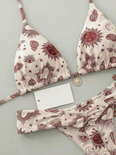 Women's New Sweet Cute Sexy Elegant Sunflower Random Print Triangle Cup And High Cut Side Tie Bikini Two Pieces Swimsuit, Suitable For Beach, Party And Holiday Occasions, Suitable For Spring And Summer Vacation