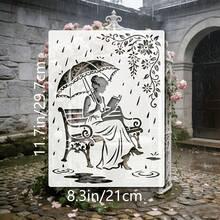 A Reusable Template, Very Suitable For Handmade, Is An Elegant Lady In The Rain Pattern, Containing Raindrops And Human Figures, Size 11.7x8.3 (30x21cm) - A - View 4