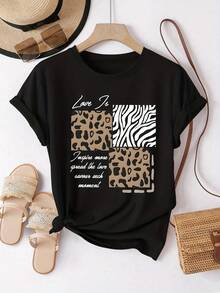 -Retro Leopard And Zebra Print Shirt With Slogan, Short Sleeves, Round Neck, Casual Top, Suitable For Summer And Spring, Women's Clothing, Circular Pattern. - Black - View 6