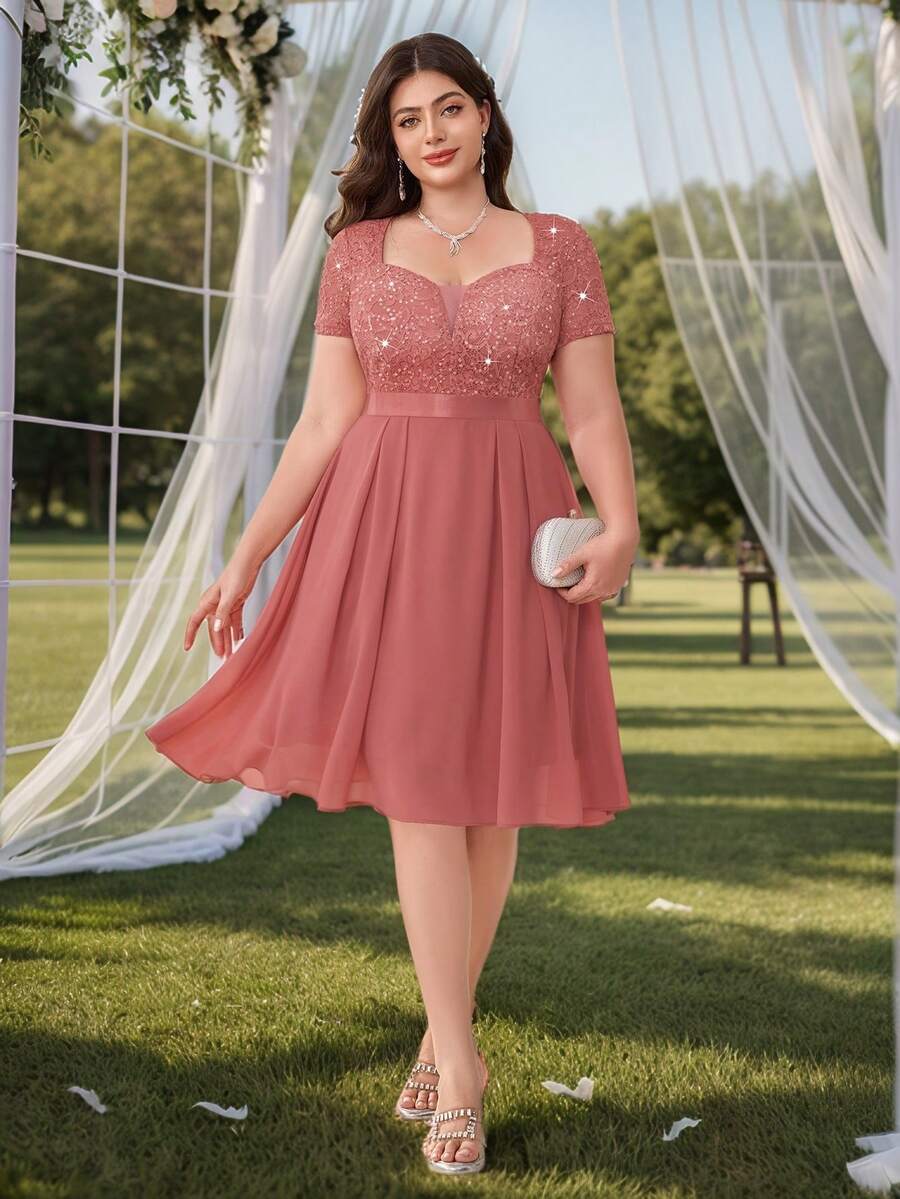 Plus Size Deep V-Neck Sequin Floral Lace Contrast Color Ruffle Hem Chiffon Evening Dress, Suitable For Prom, Semi-Formal Wedding Guest, Birthday, Graduation, Homecoming And Other Occasions Summer Elegant - Dusty Pink - View 1