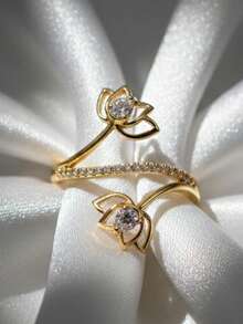 Nhẫn đôi cao cấp, siêu sáng bóng, hình học, đính đá Cubic Zirconia tròn, quà tặng trang sức cho lễ đính hôn, đám cưới và tiệc tùng. - Màu vàng - Xem 3