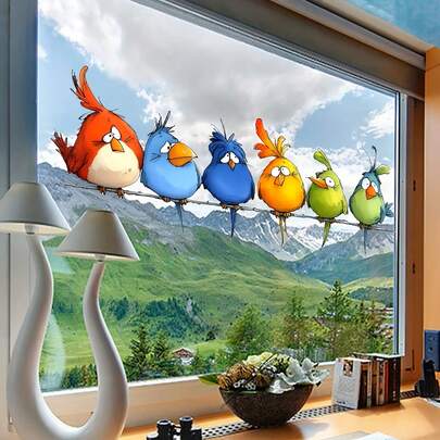1 pieza Película de ventana estática con diseño artístico y colorido de pájaros. Material removible y a prueba de agua. Adhesivo decorativo para ventanas de la sala de estar, dormitorio y cocina.