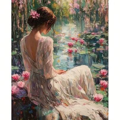 1pc 5D Acrylic Diamond Painting Kit, 30*40cm/11.8*15.7in, River Girl Pattern, Suitable For Adult Beginners DIY Mosaic Diamond Art, Full Drill Handmade DIY Diamond Painting, Decor For Living Room, Bedroom, Office Wall, Gift For Family And Friends, Frameless