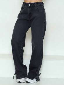 Women's Wide Leg Teen Jeans With Tie At The Hem – Style And Comfort - 深色水洗藍 - 查看 11