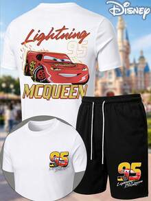 Disney Cars Lightning McQueen Flame 2-Piece Outfit, Summer T-Shirt & Summer Shorts Set, Fire Racing Car Graphic, Casual Summer Matching Set For Fans - trắng - Xem 1