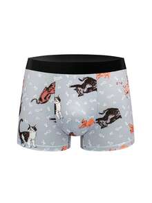 Men's Cute Cat Print Boxer Briefs, All-Over Cartoon Kitten And Fish Bone Pattern Casual Underwear - Multicolor - View 2
