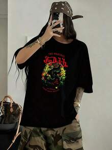 1pcs Ladies' Dragon And Flowers The Original Von-Dutchs Los Angeles Chop Shop Brand Printed Elegant Short Sleeve T-Shirt Soft Comfortable Crew Neck Fashionable Print Suitable For Spring Summer Fall Versatile 100 Cotton Women's Casual T-Shirt Easy Matching Wardrobe Staple - 黑色 - 查看 4
