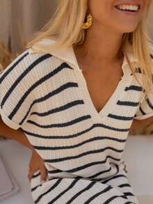 Women's Striped Collared Long Knit Sweater Dress, Short Sleeve Ribbed Knit, Soft Stretchy Fabric Spring - Apricot - View 4