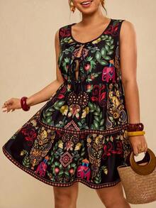 Vestido mini negro de algodón con lazo delantero y sin mangas, versátil y casual, talla grande - Multicolor 3 - Ver 6