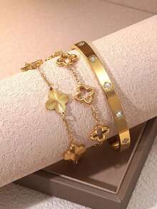 VceTd 1 Set Fashionable Commuter Style Stainless Steel Jewelry Set With Clover Element Design, Suitable For Women's Commute Or Daily Wear, Also Makes A Great Gift For Friends - 黃金 - 查看 9