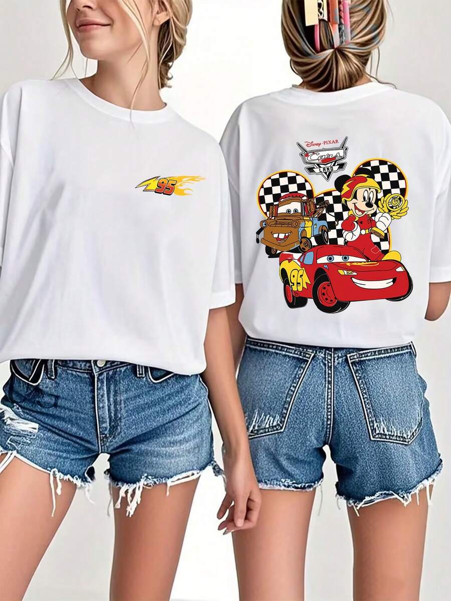 Disney Women's T-Shirt-Car Story Design Short Sleeve Crew Neck Casual Top For Spring And Summer, Soft And Breathable Fabric For Themed Events And Casual Attire - trắng - Xem 1