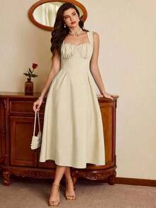 Vestido midi blanco de mujer, estilo vintage, tirantes finos y escote corazón, con pliegues en el busto y falda acampanada, elegante y versátil para fiestas, Navidad, Año Nuevo, eventos y el día a día - Albaricoque - Ver 2