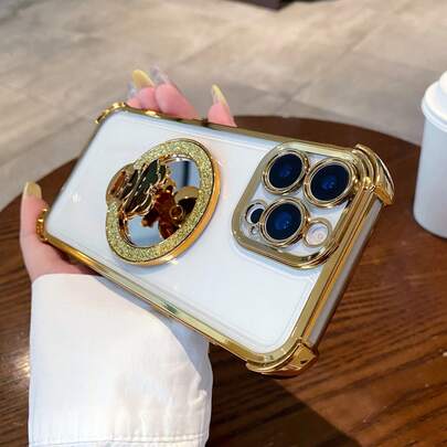 Soporte de espejo con lazo magnético con brillo, soporte multifunción oculto, plegable, cojín de aire anti-caída de 4 esquinas transparente, apto para iPhone 17 Pro Max/17 Pro/17/Air/16 Pro 16 Pro Max [Versión internacional, no doméstica], Galaxy S26/S26 Plus/S26 Ultra