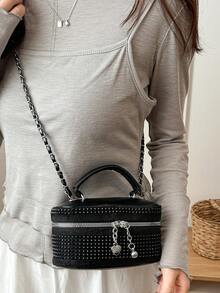 Bolso mini ligero, bolso con cadena, bolso acolchado bordado con decoración de strass, textura elegante adecuada para eventos nocturnos - Negro - Ver 4