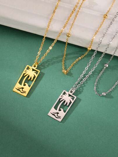 LIKGREAT Beach Wave Palm Tree Pendant Necklace Stainless Steel Necklace Women's And Men's Double Layer Chain Couple Birthday Party Gift