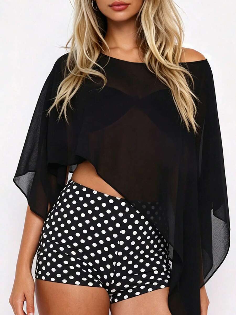 Áo kiểu nữ phong cách Y2K cổ điển gợi cảm lãng mạn thanh lịch dáng rộng chất liệu chiffon mỏng nhẹ, áo kiểu cổ choàng mùa xuân/hè mới cho nữ, áo khoác ngoài nữ, áo chống nắng nữ, thích hợp cho đi biển, kỳ nghỉ, tiệc tùng, hẹn hò, lễ tốt nghiệp, quà tặng Ngày của Mẹ. Màu đen. - màu đen - Xem 1