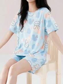 AICJ 2pcs/Set Cute Rabbit & Color Block Print Pajama Set, Casual Short Sleeve Round Neck T-Shirt And Pocket Shorts, Women Sleepwear Home Outfit - Baby Blue - View 1