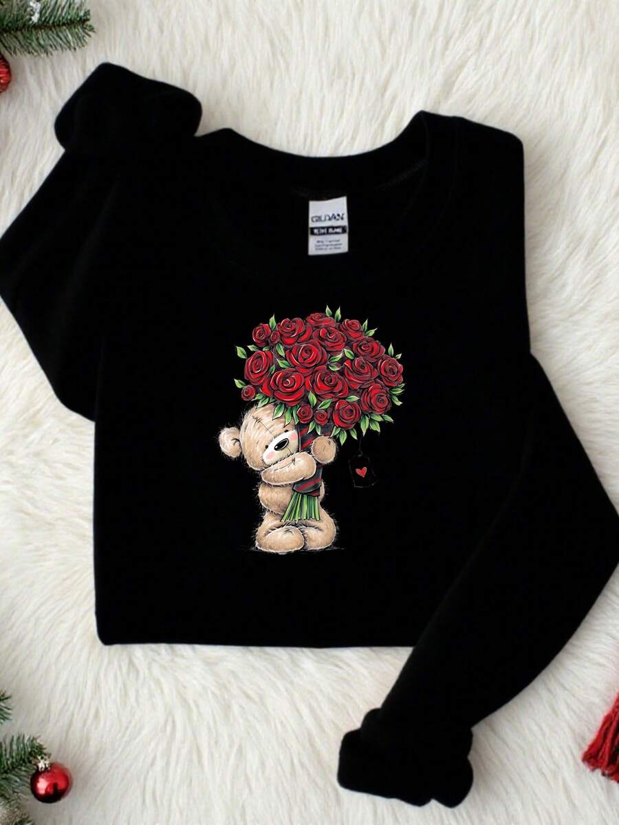 Women's Casual Round Neck Long Sleeve Pullover Sweatshirt With Cute Bear And Rose Bouquet Print, Regular Fit Warm Lined Polyester Top - 黑色 - 查看 1