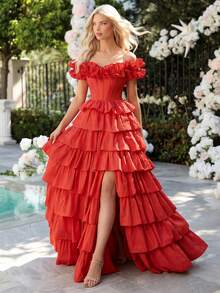 Off Shoulder Prom Gown With Puffy Hem Long Elaborate Puffy Shoulder Evening Gown For Women Lace Up Back High Split Ball Gown Homecoming Dress For Teen - Red - View 9