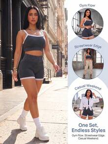 TCVC 2026 Summer New Women's Seamless Washed Vertical Striped Sporty 2-Piece Set Sports - Black - View 5