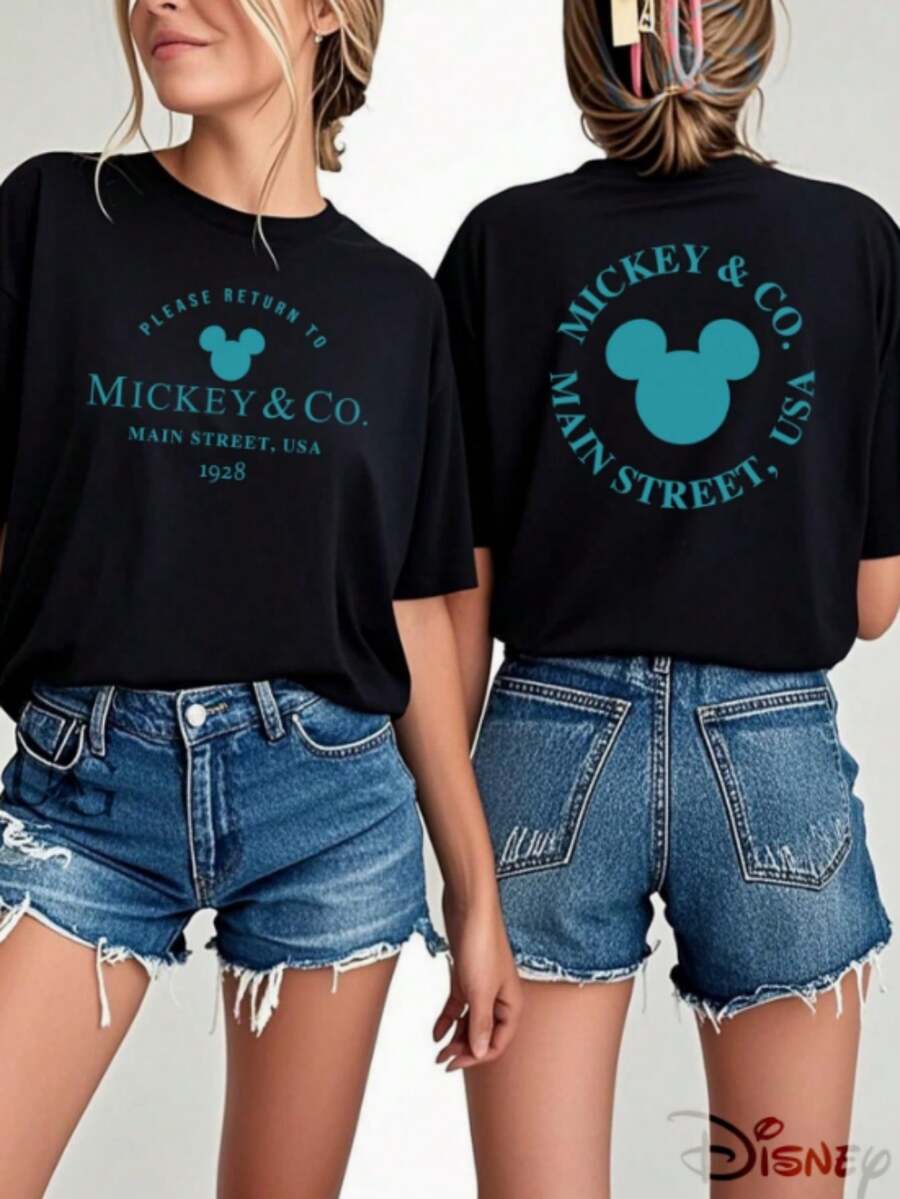 Disney Women's T-Shirt Fashion Joker New Ladies' Short Sleeves, Disney Authentic Mickey & Co.1928 Slogan With Two Prints, Durable And Machine Washable, Suitable For All Seasons, Fashionable And Necessary For Going Out And Commuting, Comfortable T-Shirt. - Black - View 1