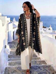 1 chiếc Kimono/Sarong phong cách Bohemian thêu hoa trang nhã, khăn choàng cardigan nhẹ, đa năng, thích hợp mặc đi biển, chống nắng, phụ kiện thời trang, phù hợp mặc hàng ngày và làm quà tặng, phụ kiện, đồ dùng cần thiết khi đi du lịch. - màu đen - Xem 7