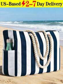 Women's Waterproof Beach Tote Bag, Zipper Closure, Waterproof & Sand-Proof Design, Random Striped Pattern, Large Capacity, Suitable For Swimming Pool, School, Travel, Work, Vacation, Shopping And Other Occasions - Blue - View 1