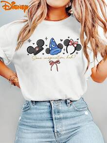 Disney Women's T-Shirt Short-Sleeve Vintage Cartoon Fantasia Mickey Wizard Style Double-Sided Printed Round-Neck T-Shirt, Suitable For Spring, Summer, And Autumn. A Fashionable And Casual Top For Disney ' Trips, Perfect For Daily Commuting And Vacations - trắng - Xem 2