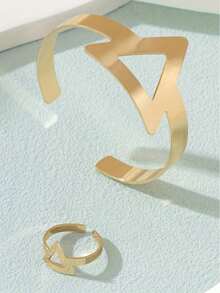 Conjunto Pulseira + Anel Feminino Geométrico Triângulo Minimalista Banhado a Ouro/Prata Elegante Ajustável - Dourado - Visão 6