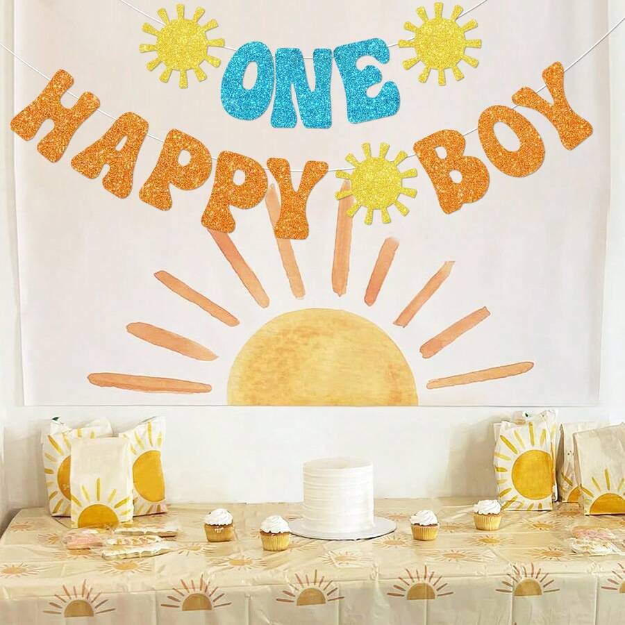 1st Birthday "One Happy Boy" Hanging Flag, Celebrate Boy's First Trip Around The Sun Birthday Party Decoration - Birthday - View 1