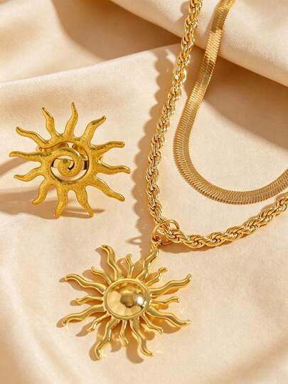 1 Set de Collar con Colgante de Girasol y Anillo con Cadena de Acero Inoxidable Retorcida, Accesorio Minimalista Elegante y Versátil, Adecuado para Uso Diario, Fiesta y Eventos de Mujeres, Gran Regalo para Amigos