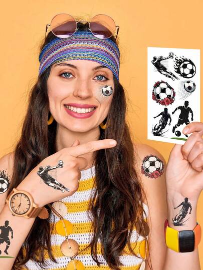 10pcs Cartoon Football Temporary Tattoos, Waterproof Party Favors Funny Face Stickers, Football Temporary Tattoo Stickers, Football Themed Temporary Tattoos, Waterproof Durable Fake Tattoo Stickers With Colorful Football, Trophy, Player Patterns, Sports Body Art Stickers Suitable For Face, Arm, Wrist, Cheek And Neck, Perfect For World Cup, Football Match, Game Day, Sports Party, Cheerleading Event, Birthday Party, Cosplay And Daily Decoration