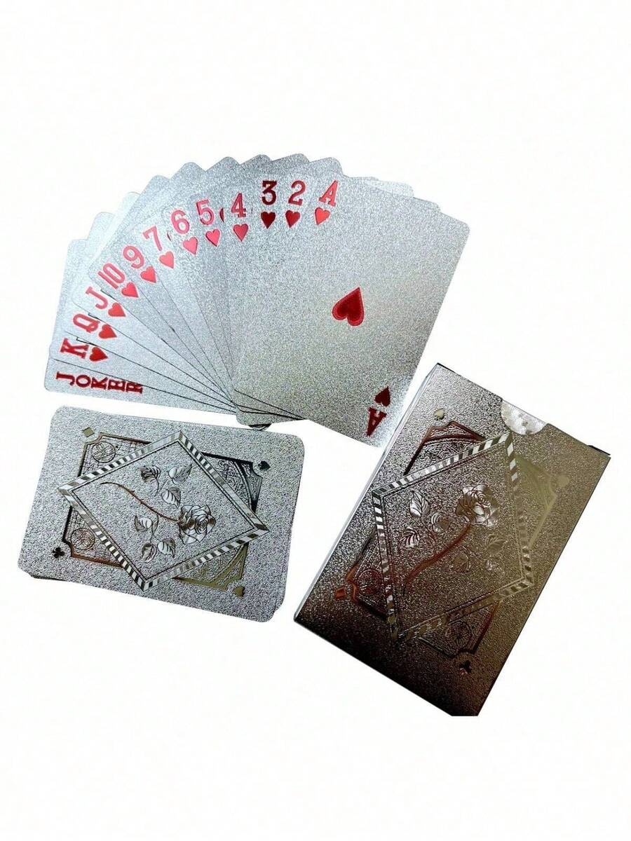 1 Set Waterproof 24K Gold Foil Playing Cards - Black & Gold Plastic Poker Deck With Shiny Foil Surface, Durable & Flexible, Perfect For Magic Shows, Parties, Game Nights, Home Entertainment & Holiday Gifts For Valentine's Day, New Year & Halloween - Silver - View 1
