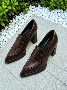 Mocasines de punta puntiaguda con suela gruesa de color marrón, adecuados para el uso diario - Marrón - Ver 13