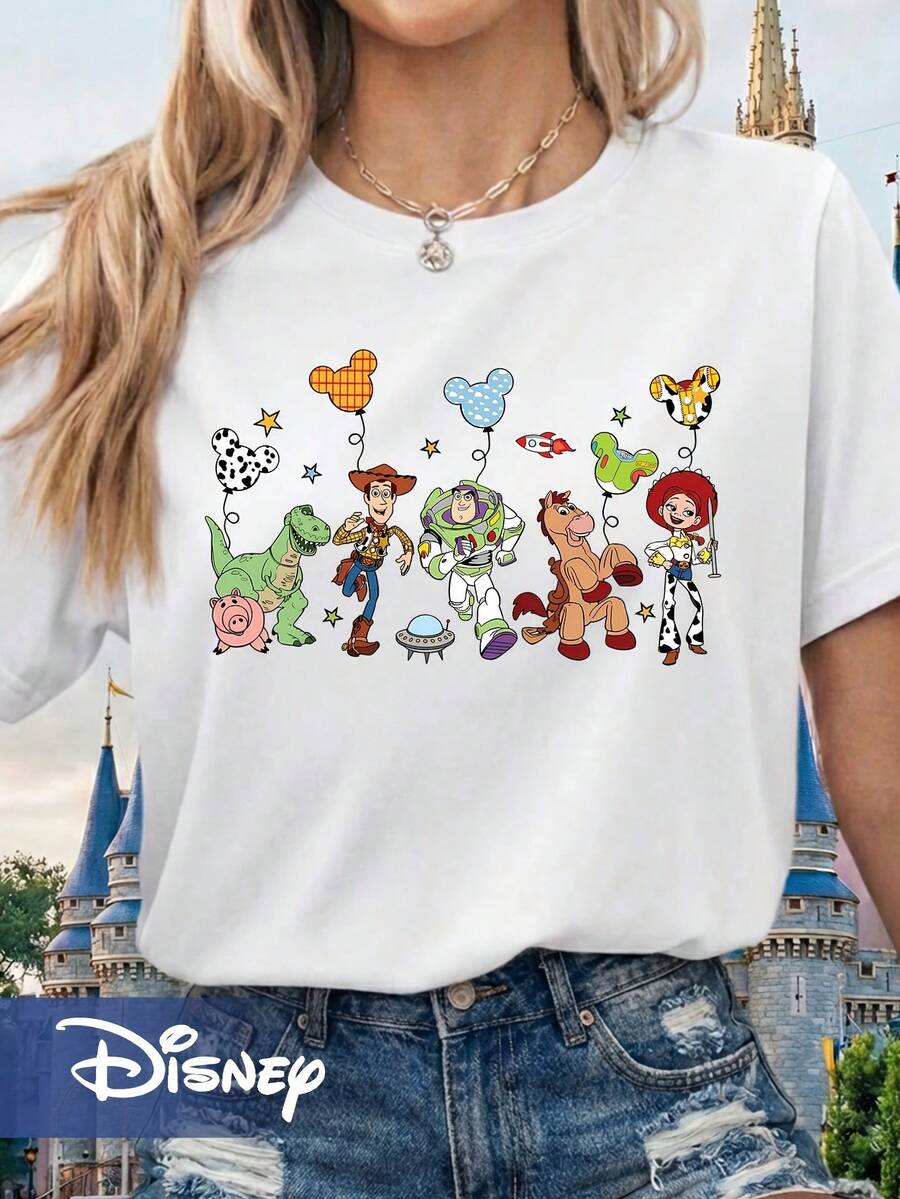 Disneyland Outfit Toy Story Characters And Mickey Balloon Print Short Sleeve T-Shirt, Cartoon Versatile Couple And Family Matching Round Neck Short Sleeve T-Shirt Top - 白色 - 查看 1