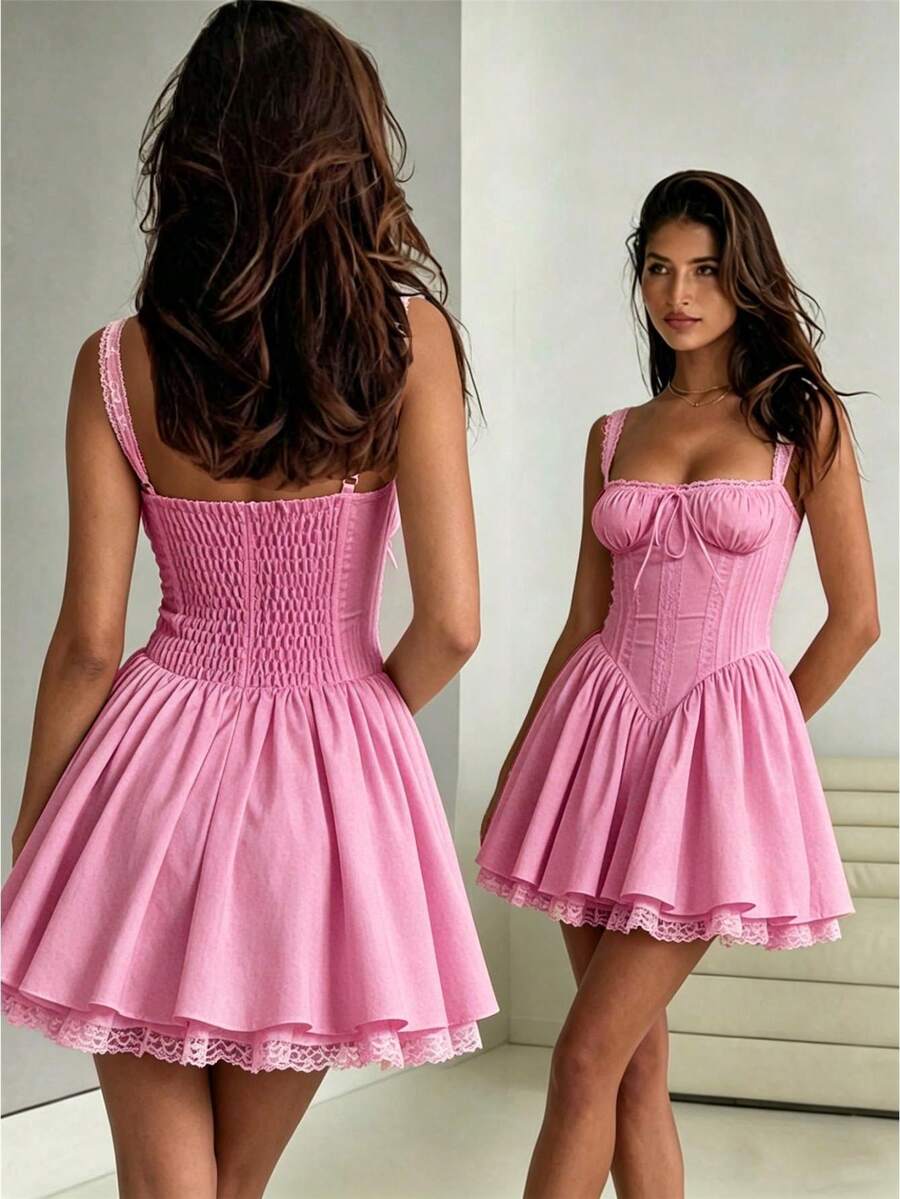 Women's Flower Embroidery Boho Mini Dress Backless Self-Tie Bowknot Square Neck Wide Straps Ruffle Mini Dresses Sleeveless Summer Vacation - F130928-粉紅色 - 查看 1