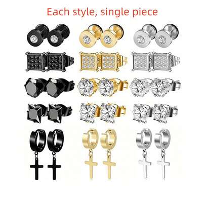 1 pièce Boucle d'oreille pendentif croix en acier inoxydable pour homme, boucle d'oreille clou avec strass, boucle d'oreille hypoallergénique, ensemble de boucles d'oreilles clip-on pour homme, couleur or