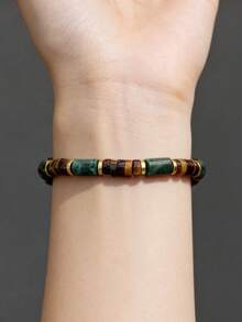 Pulsera de cuentas de ágata verde y ojo de tigre de estilo vintage, atrae la riqueza, la prosperidad y la abundancia, joyería amigable con la piel apta para uso diario por hombres y mujeres - Verde - Ver 3