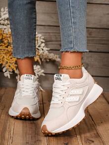 Women's Spring/Autumn White Sneakers, Low-Top, Lightweight, Non-Slip, Wear-Resistant, Low Heel, Round Toe, Breathable, Comfortable Lace-Up Casual Outdoor Sports Shoes - Off White - View 2