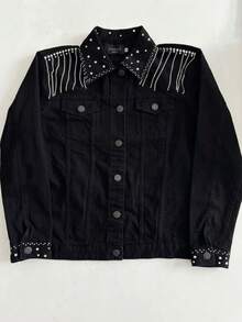 pthirillo Women's Black Denim Jacket Maxi Oversized Denim Black Cotton Long Sleeve Premium Street Style Retro Casual Loose Fit With Pockets Cowboy Style Show Pearls | Basic - 目前的 - 查看 8